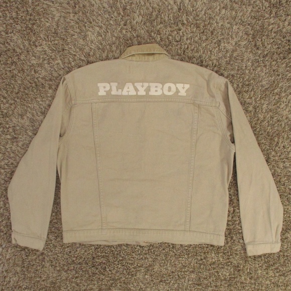 Playboy Jean Jacket Men's Large Beige Trucker Denim Corduroy Collar Button Front - Picture 2 of 9